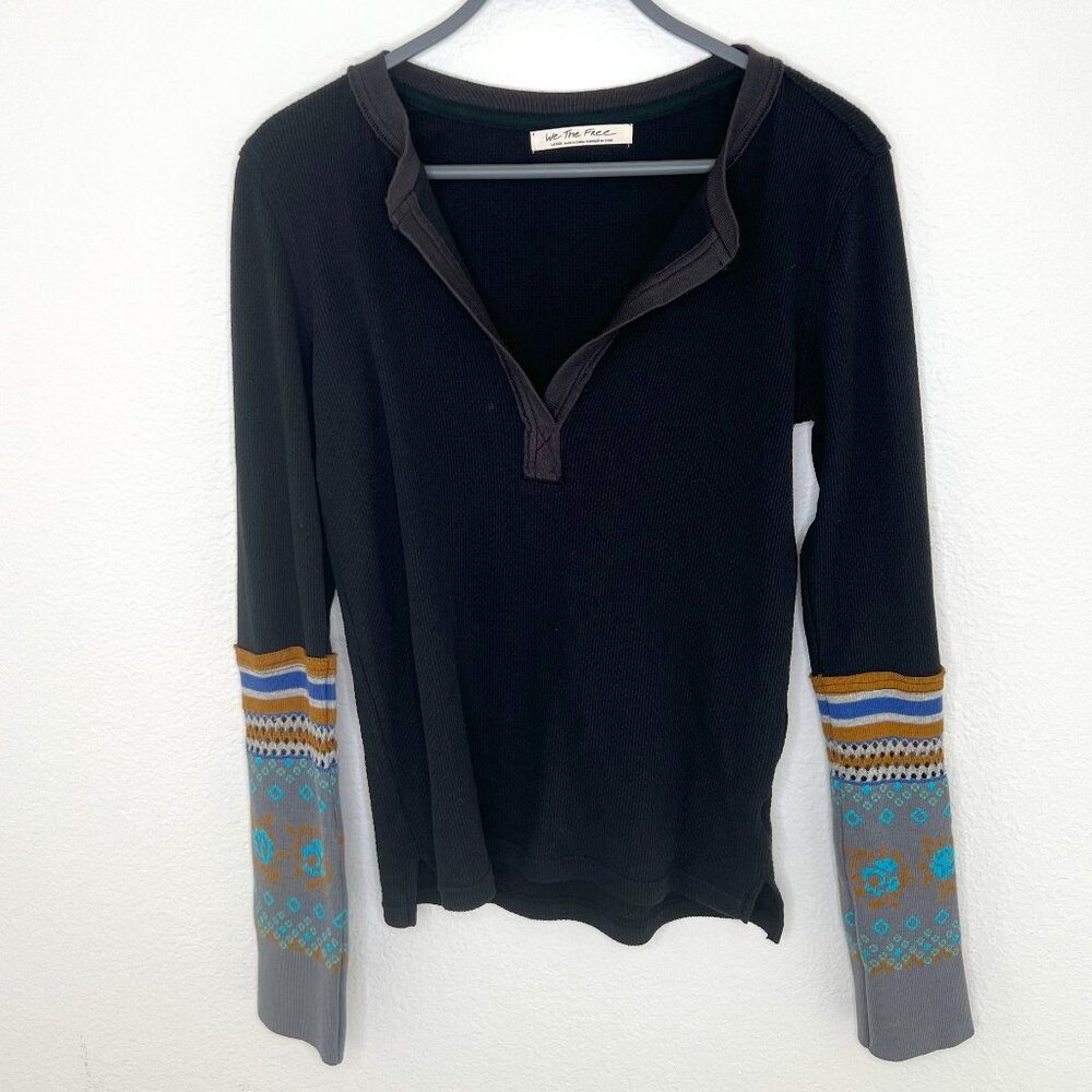 We The Free Black Thermal Top with Patterned Sleeve Cuffs
